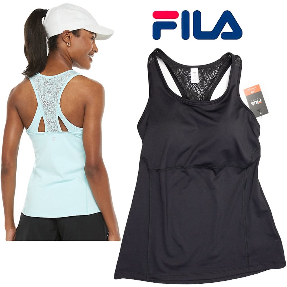 FILA Racerback Tank Top, Black, Built-in Bra, XS